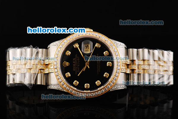 Rolex Datejust Automatic Movement Black Dial with Diamond Bezel and Two Tone Strap - Click Image to Close